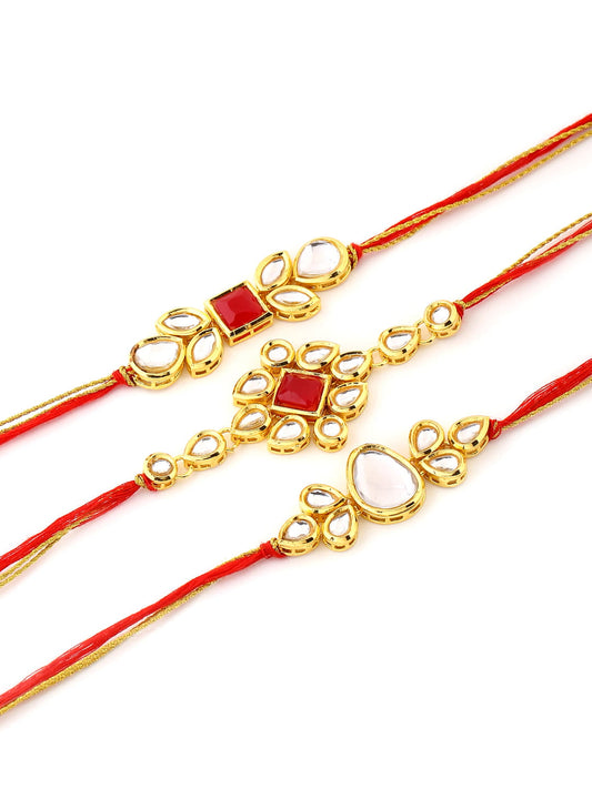 Set of 3 Red and Gold Toned Kundan Rakhi for Brother