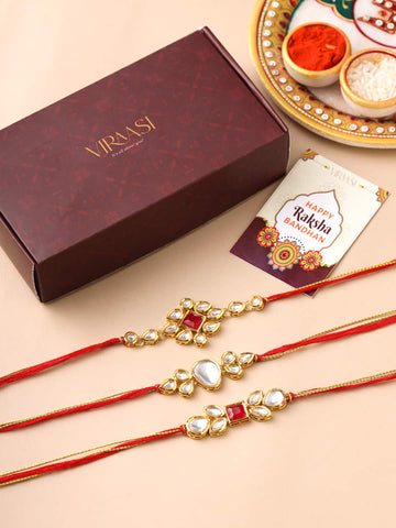 Set of 3 Red and Gold Toned Kundan Rakhi for Brother