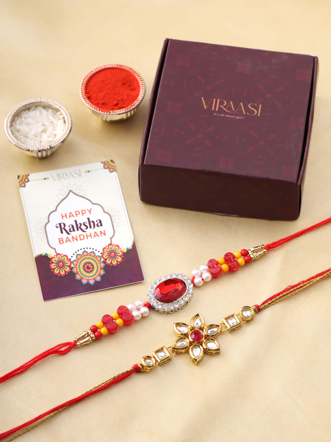 Set of 2 Red and Gold Toned Kundan Rakhi for Brother