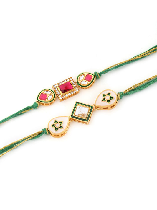 Set of 2 Green and Gold Toned Kundan Rakhi for Brother