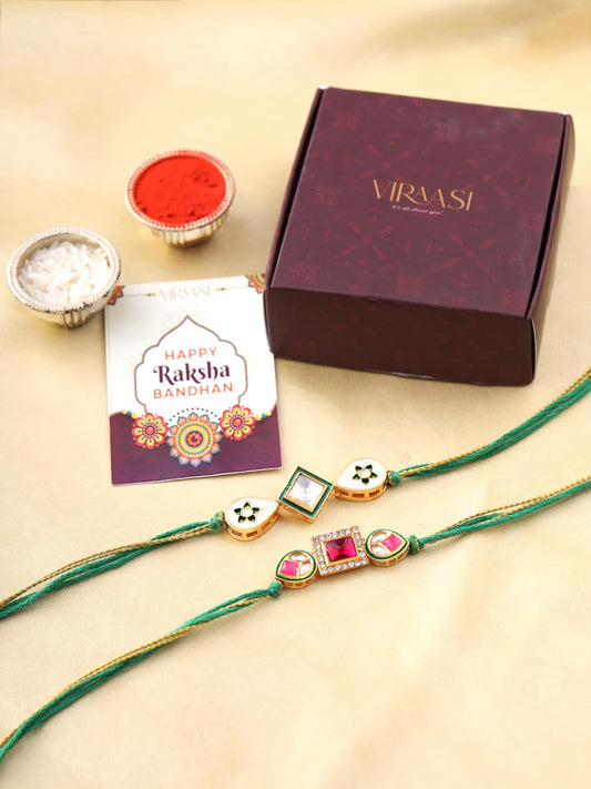 Set of 2 Green and Gold Toned Kundan Rakhi for Brother