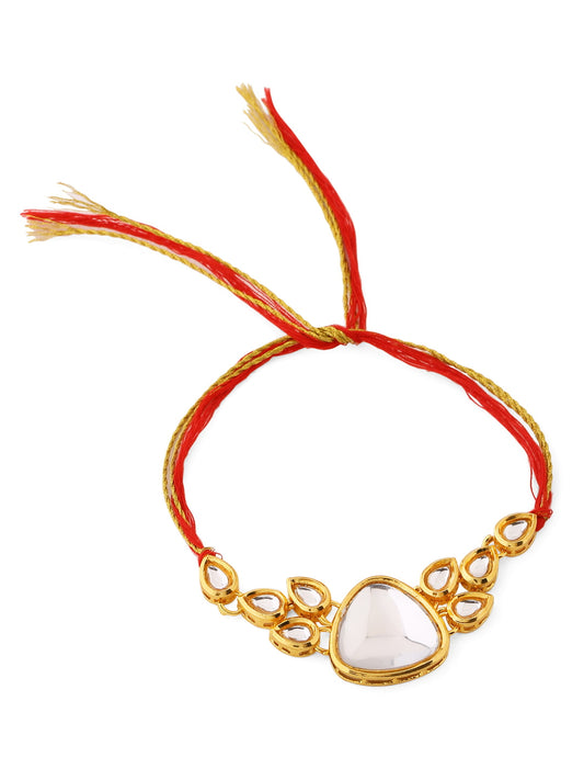 Red and Gold-Toned Kundan Rakhi for Brother