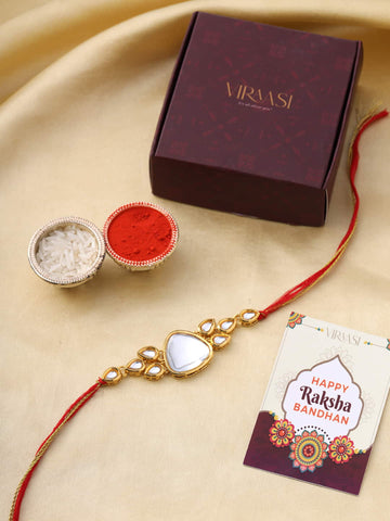 Red and Gold-Toned Kundan Rakhi for Brother