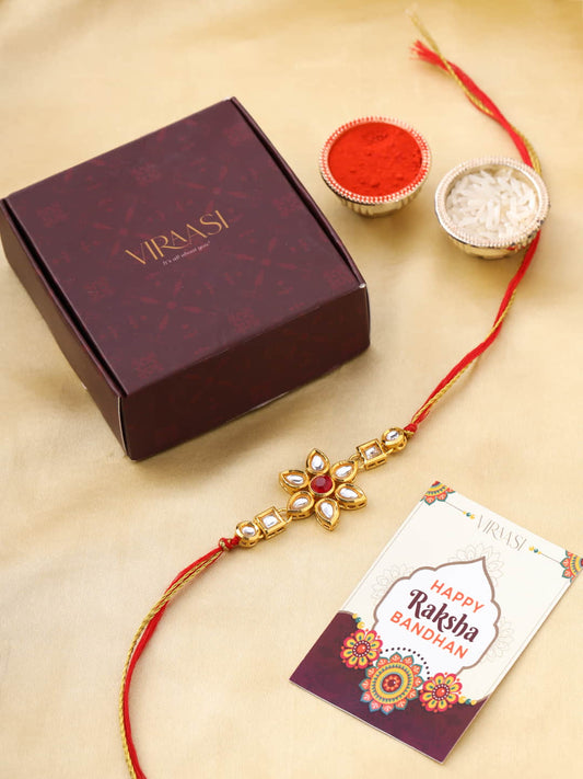 Gold-Toned Floral Kundan Rakhi for Brother