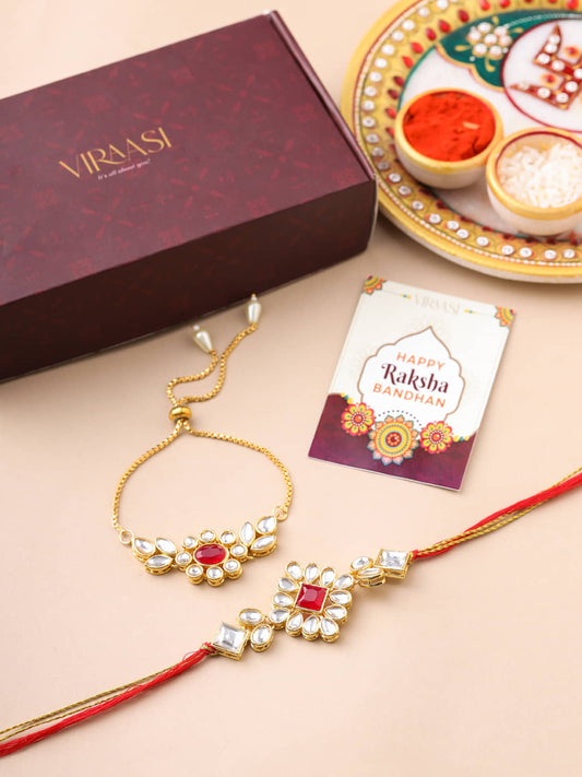 Gold Toned Kundan Bhaiya Bhabhi Rakhi Bracelet