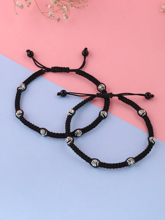 Black Silver-Toned & Beaded Adjustable Anklet