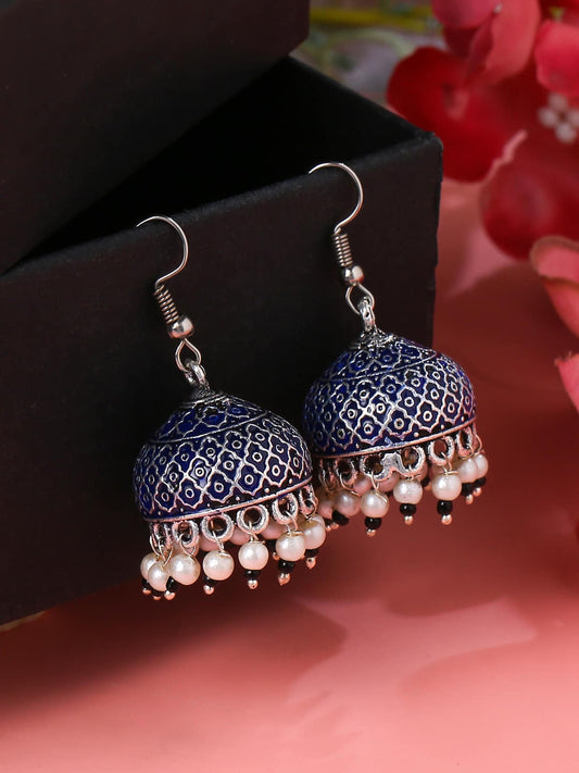 Oxidised Blue Enameled Jhumki Earrings