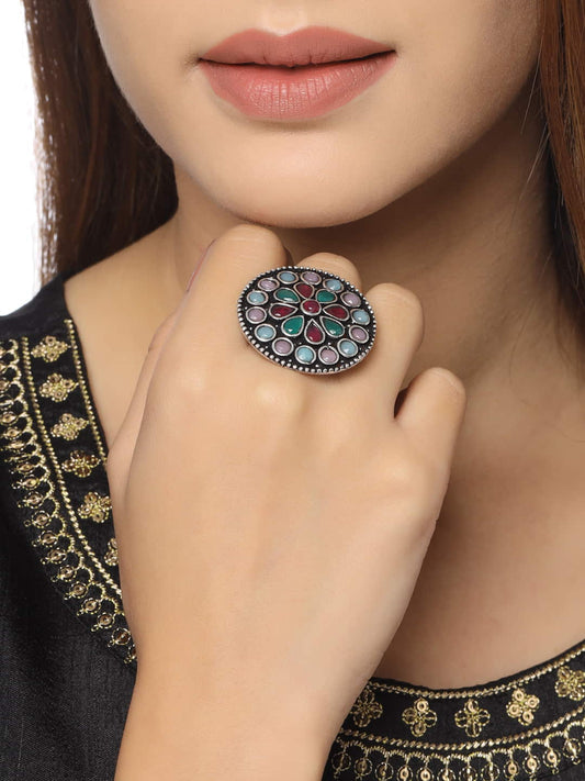 Multi-Color Stone Studded Oxidised Ring-Adjustable