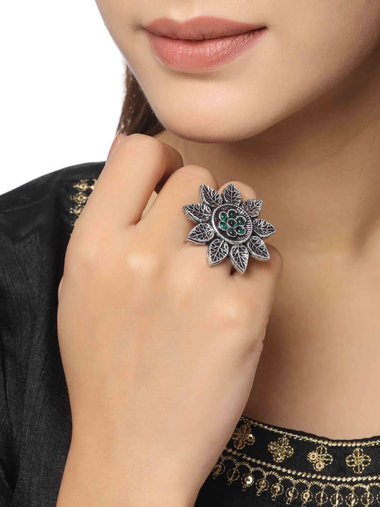 Floral Shape Green Stone Studded Oxidised Ring-Adjustable