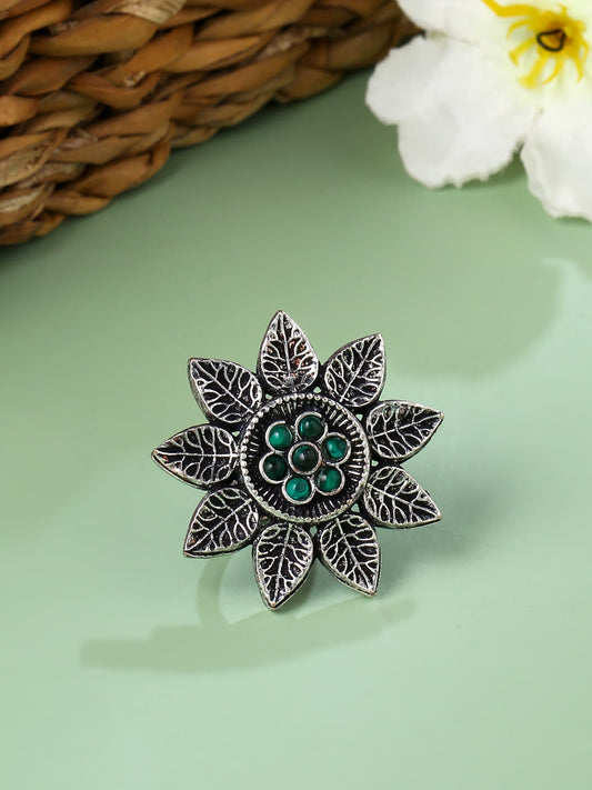 Floral Shape Green Stone Studded Oxidised Ring-Adjustable