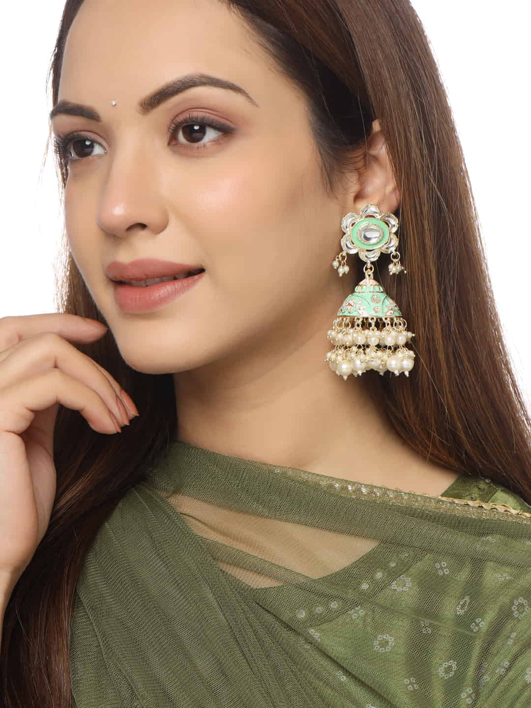 GOLDEN & GREEN LONG MEENAKARI EARRINGS | gintaa.com