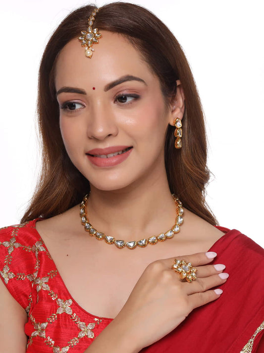 Gold Plated Kundan Jewellery Set with Maang Tikka for Women